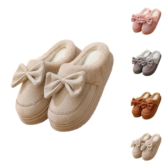Winter Slippers for Women Fleece Lined Cute Bow Fuzzy Warm Cozy Slip On Slippers Indoor Platform House Shoes