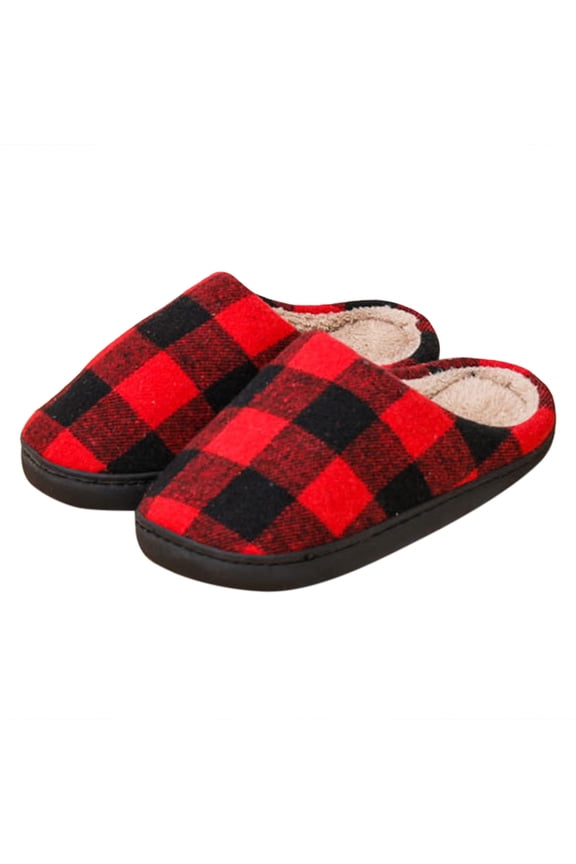 Winter Slippers for Women Memory Foam Red Plaid Shoes Fuzzy Indoor And Outdoor Slip On Flat Bottom Home Slippers
