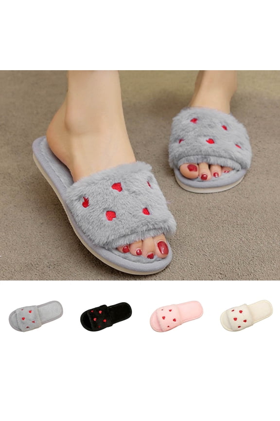 Winter Slippers for Women Slip-on Flat Heel Open Toe Slides Outdoor Indoor Warm Plush Casual Bedroom Shoes for Women Gray 7.5