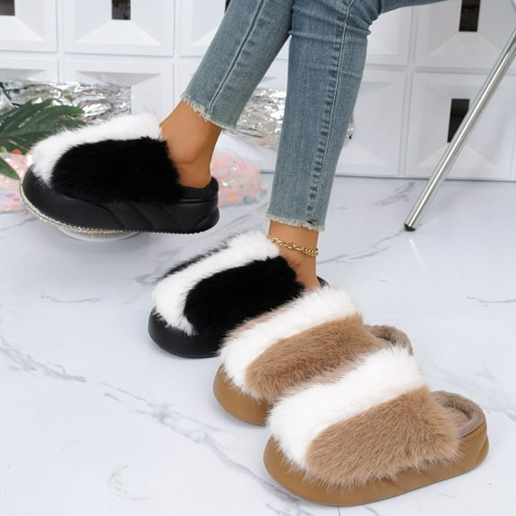 Winter Slippers for Women Slip-on Fuzzy Casual Winter Soft Thick Bottom House Slippers Outdoor Indoor Velvet Warm Bedroom Shoes