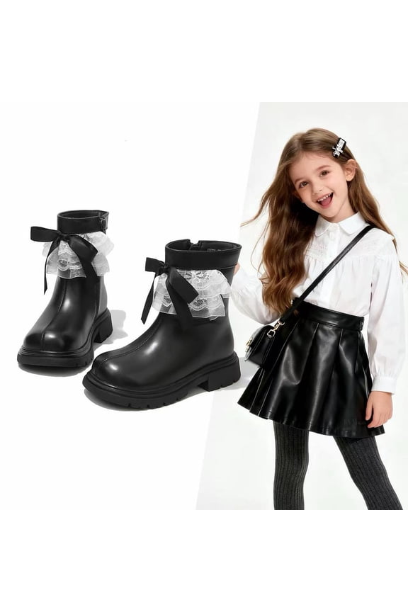 Winter Small Medium And Large Children's Lace Bow Mid Top Boots With Girls' Velvet Boots girls dress shoes