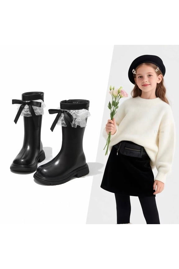 Winter Small Medium And Large Children's Lace Bow Mid Top Boots With Girls' Velvet Boots zapatos niños
