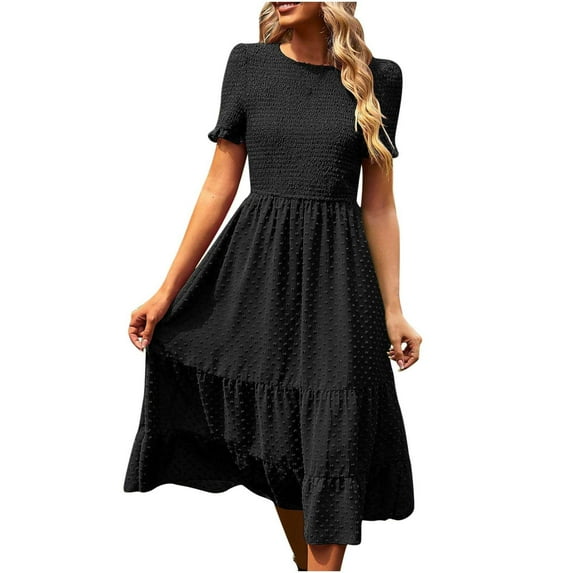 Winter Smocked A-line Dresses for Women Puff Short Sleeve Ruffle Hem Mid Length Dress Solid Color Round Neck Ruched Slim-Fit Casual Dress