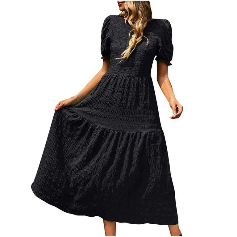 Winter Smocked A-line Dresses for Women Puff Short Sleeve Ruffle Hem Mid Length Dress Solid Round Neck Ruched Slim-Fit Casual Dress - Walmart.com Winter Smocked A-line Dresses for Women Puff Short Sleeve Ruffle Hem Mid Length Dress Solid Round Neck Ruched Slim-Fit Casual Dress - Walmart.com