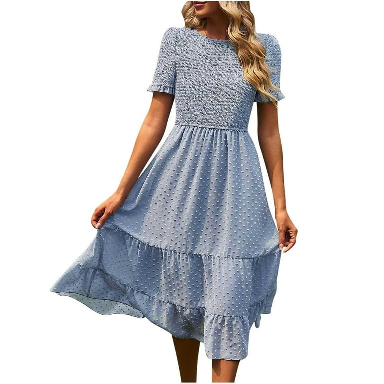Savings Winter Smocked A-line Dresses for Women Puff Short Sleeve