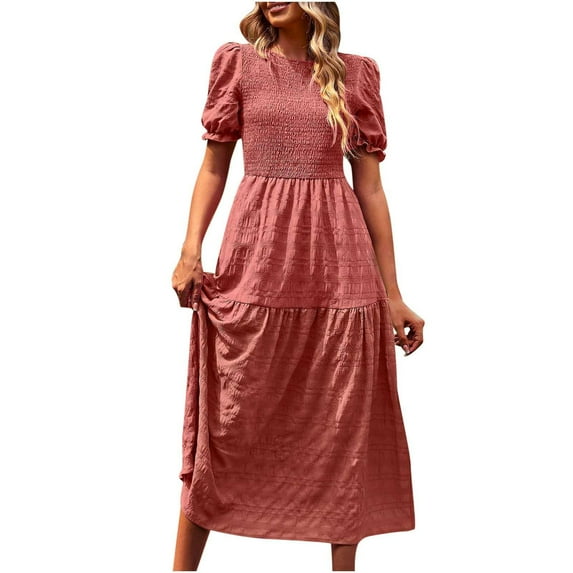 Winter Smocked A-line Dresses for Women Puff Short Sleeve Ruffle Hem Mid Length Dress Solid Round Neck Ruched Slim-Fit Casual Dress