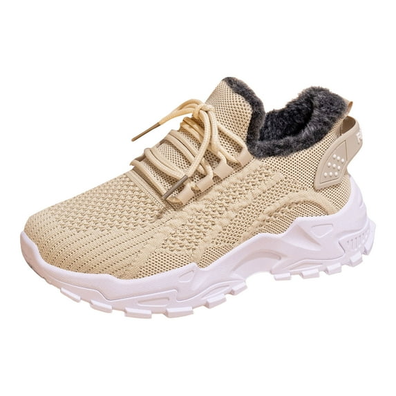 Winter Sneakers for Women Warm Furry Lined Lace up Platform Walking Shoes Cold Weather Outdoor Athletic Shoes Khaki Size 7.5