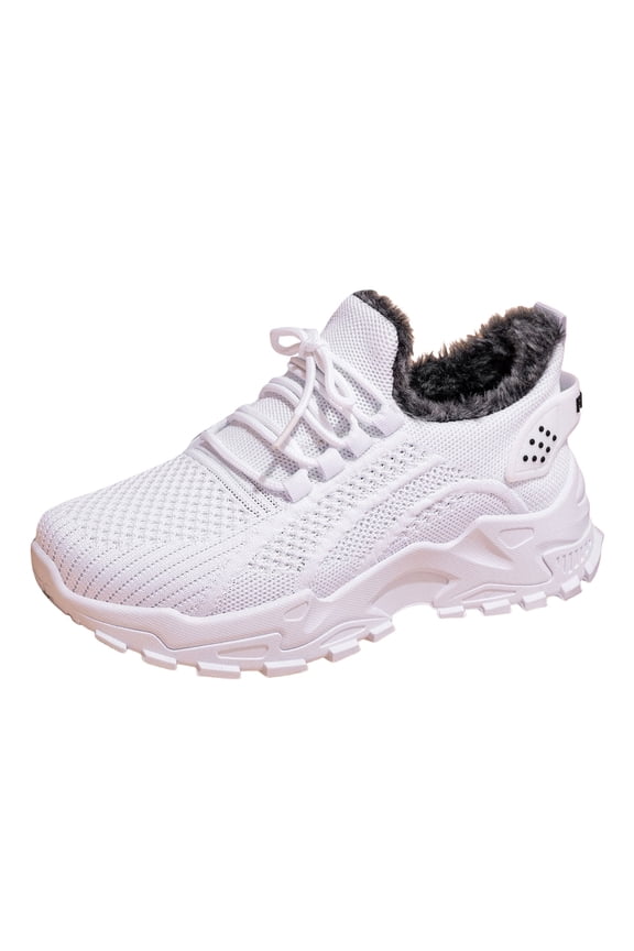 Winter Sneakers for Women Warm Furry Lined Lace up Platform Walking Shoes Cold Weather Outdoor Athletic Shoes White Size 10.5