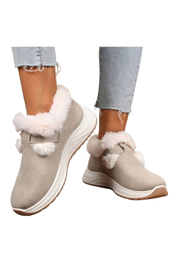 Winter Sneakers for Women Waterproof Leather Warm Plush Slip on Buckle Strap Walking Shoes Antislip Cold Weather Athletic Shoes Grey Size 9