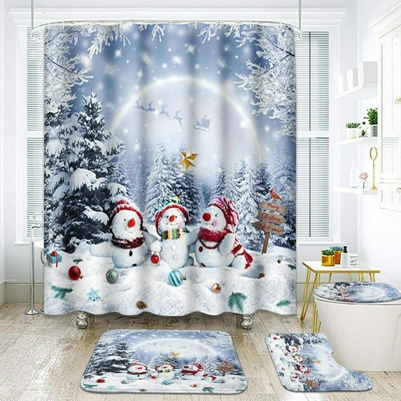 Winter Snow Bathroom Sets with Shower Curtain and Rugs and Accessories, Snowman Snowflakes Shower Curtain Sets, Reindeer Snowscape Shower Curtains for Bathroom Decor 4 Pcs