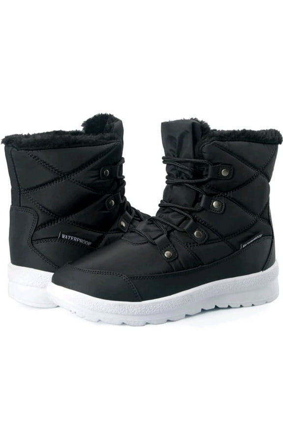 Winter Snow Boots Waterproof Ankle-High Booties, Medium, Low Heel, Flat Toe, Black, Size 7-10