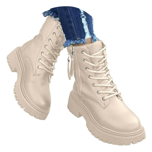 Winter Snow Boots for Women Double Zipper Platform Lug Sole Lace up Furry Lined Black White Waterproof Leather Combat Booties