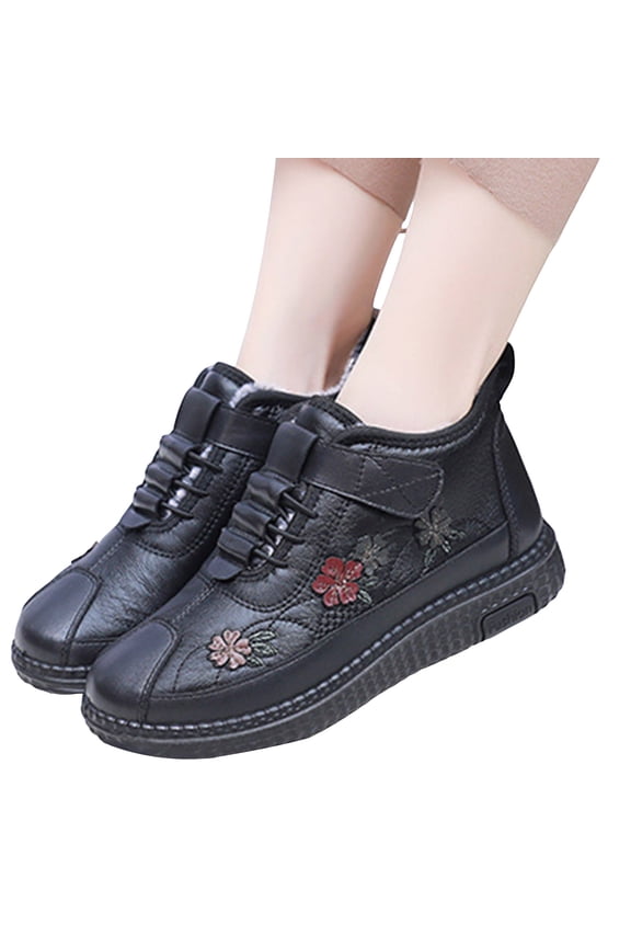 Winter Snow Boots for Women Retro Splice Leather Floral Embroidery Hook and Loop Ankle Booties Warm Furry Lined Casual Walking Shoes Black Size 5.5