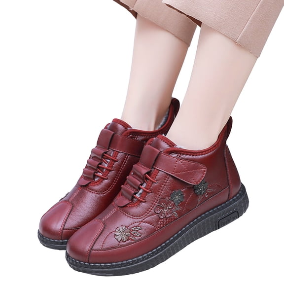 Winter Snow Boots for Women Retro Splice Leather Floral Embroidery Hook and Loop Ankle Booties Warm Furry Lined Casual Walking Shoes Red Size 8