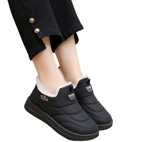 Winter Snow Boots for Women Slip on Furry Lined Ankle Booties Casual Comfy Lightweight Soft Sole Cold Weather Walking Shoes Black Size 5.5