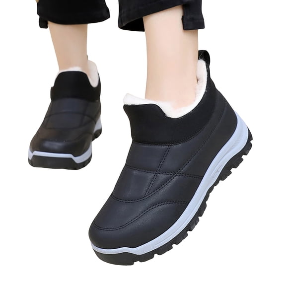 Winter Snow Boots for Women Thickened Warm Furry Lined Slip on Waterproof Ankle Booties Anti Slip Lighweight Hiking Shoes Black Size 6.5