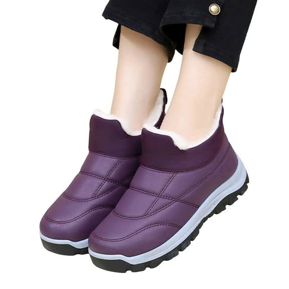 Winter Snow Boots for Women Thickened Warm Furry Lined Slip on Waterproof Ankle Booties Anti Slip Lighweight Hiking Shoes Purple Size 8