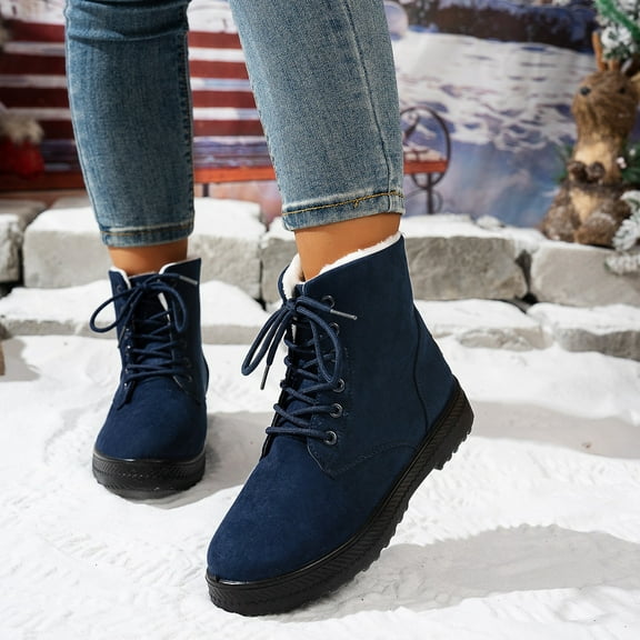Winter Snow Boots for Women, Warm Fur Lined Ankle Boots Comfortable Suede Lace Up Booties Cute Flat Shoes (Blue,39)