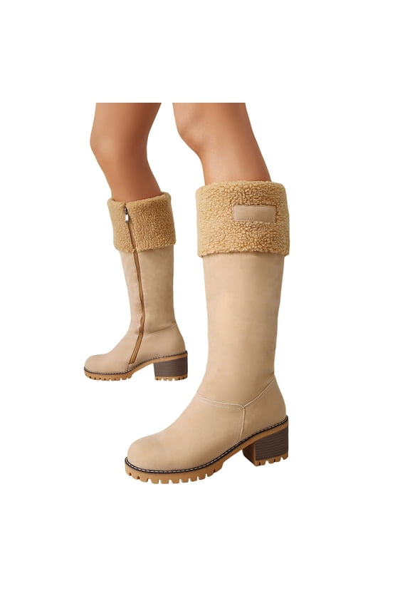 Winter Snow Boots for Women Zip up Suede Fuzzy Warm Mid Calf Booties Lug Sole Stacked Heel Casual Knee High Boots