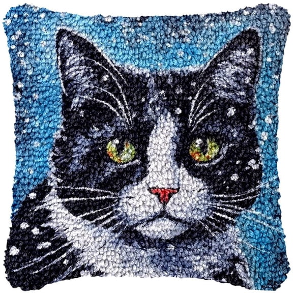 Winter Snow Cat Latch Hook Pillow Kits DIY Pillowcase Cushtion Cover Crochet Hooking Pillow Making Kits Color Pattern Canvas Hooking Kits DIY Latch Hook Kits Set 43x43cm(c41)