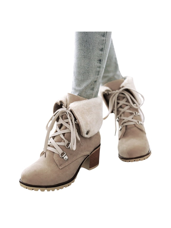 Winter Snow Combat Boots for Women 2025 Fashion Fleece Lined Warm Chunky High Heels Mid Calf Dress Ankle Booties