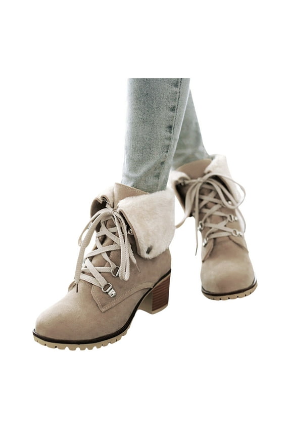 Winter Snow Combat Boots for Women 2025 Fashion Fleece Lined Warm Chunky High Heels Mid Calf Dress Ankle Booties