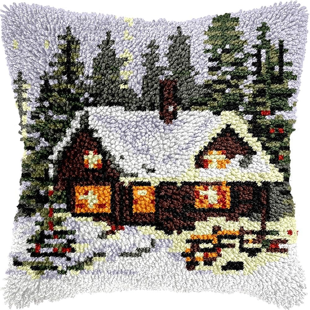 Winter Snow Cottage House Latch Hook Pillow Kits for DIY Handmade Throw Pillow Cushion Embroidery Latch Hooking Pillowcase Kits with Preprinted Canvas Crochet Yarn Kits 17''X 17''(g49)