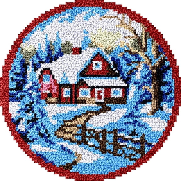 Winter Snow Cottage House Latch Hook Round Rug Kits Set for Starter Crochet Handmade Hooking Cushion Mat Sofa Seat Cushion Crocheting Kits with Preprinted Canvas Crochet Yarn Kits 50X50CM (r39)