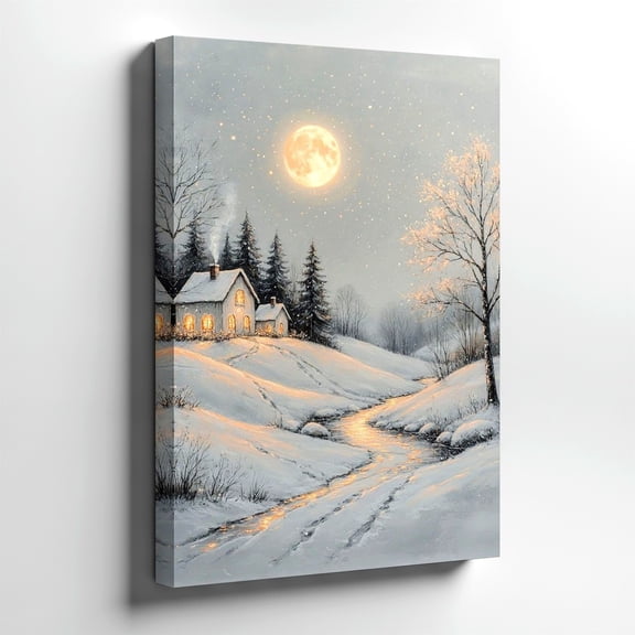 Winter Snow Cottage Moonlit Stream Wall Art Print, Rustic Decor