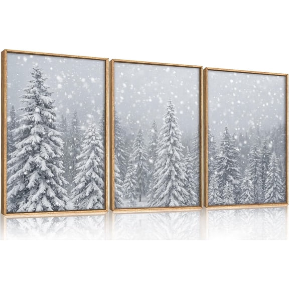 Winter Snow Covered Forest Framed Canvas Wall Art Set,Snowy Woodland Wall Decor,Wilderness Pine Tree Art Prints,Natural Botanical Landscape Artwork for Living Room, Bedroom,Farmhouse- 16"x24"x3