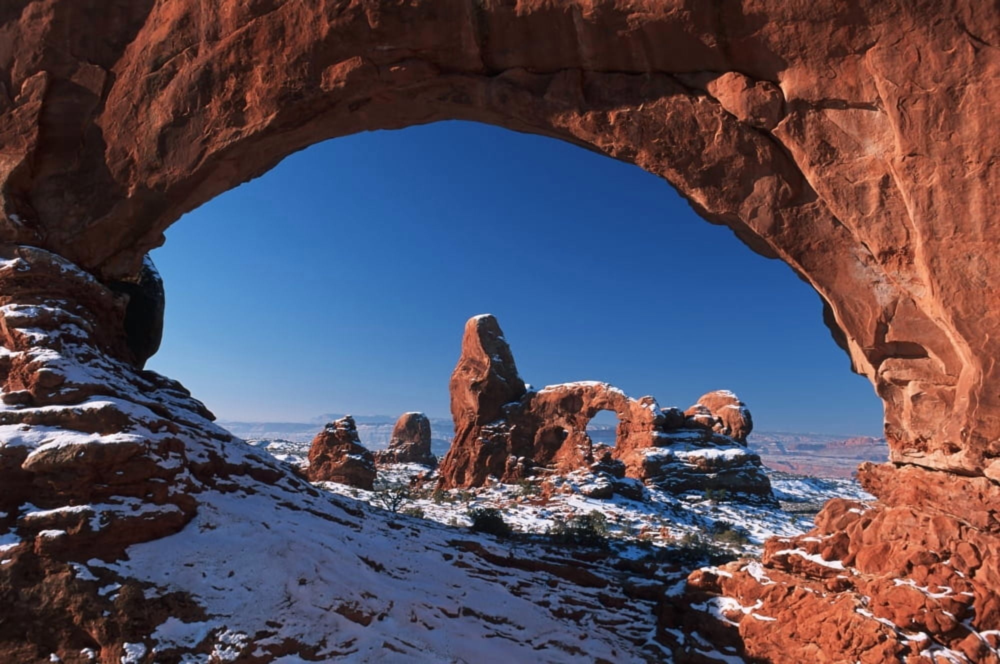 Winter Snow Covers Turret Arch Looking Through The North Window Formation At Arches National Park Utah Usa Canvas Art - Natural Selection Robert Cable Design Pics (38 x 24)