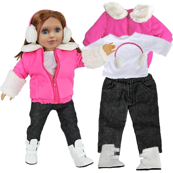 Winter Snow Doll Outfit for 18 Dolls - 5 Piece Clothes Costume Set Includes Jacket, Shirt, Jeans, Boots, & Earmuffs