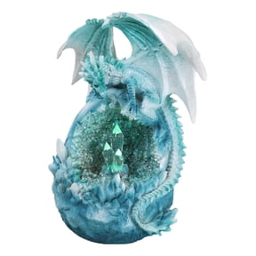 Winter Snow Dragon Resting On Frozen Snow Geode Egg With LED Crystals Figurine