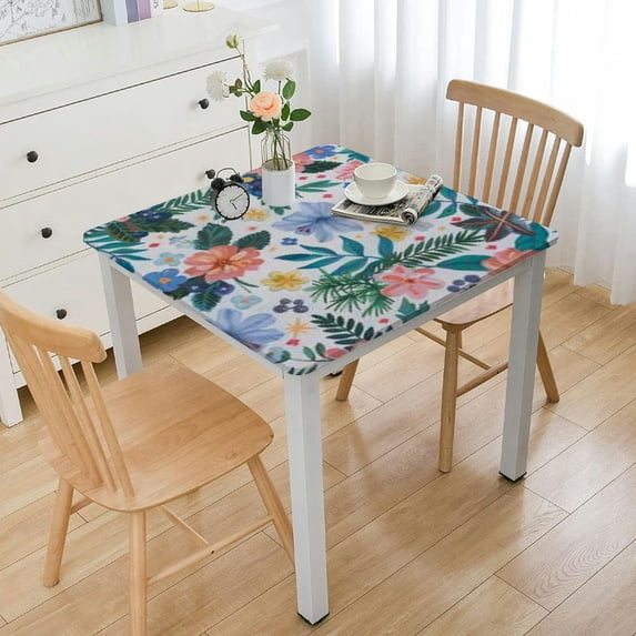 Winter Snow Flower Table Cloth Leaves Polyester Fabric Square Table Cover for Holiday Picnic Party Outdoor Dinner Kitchen