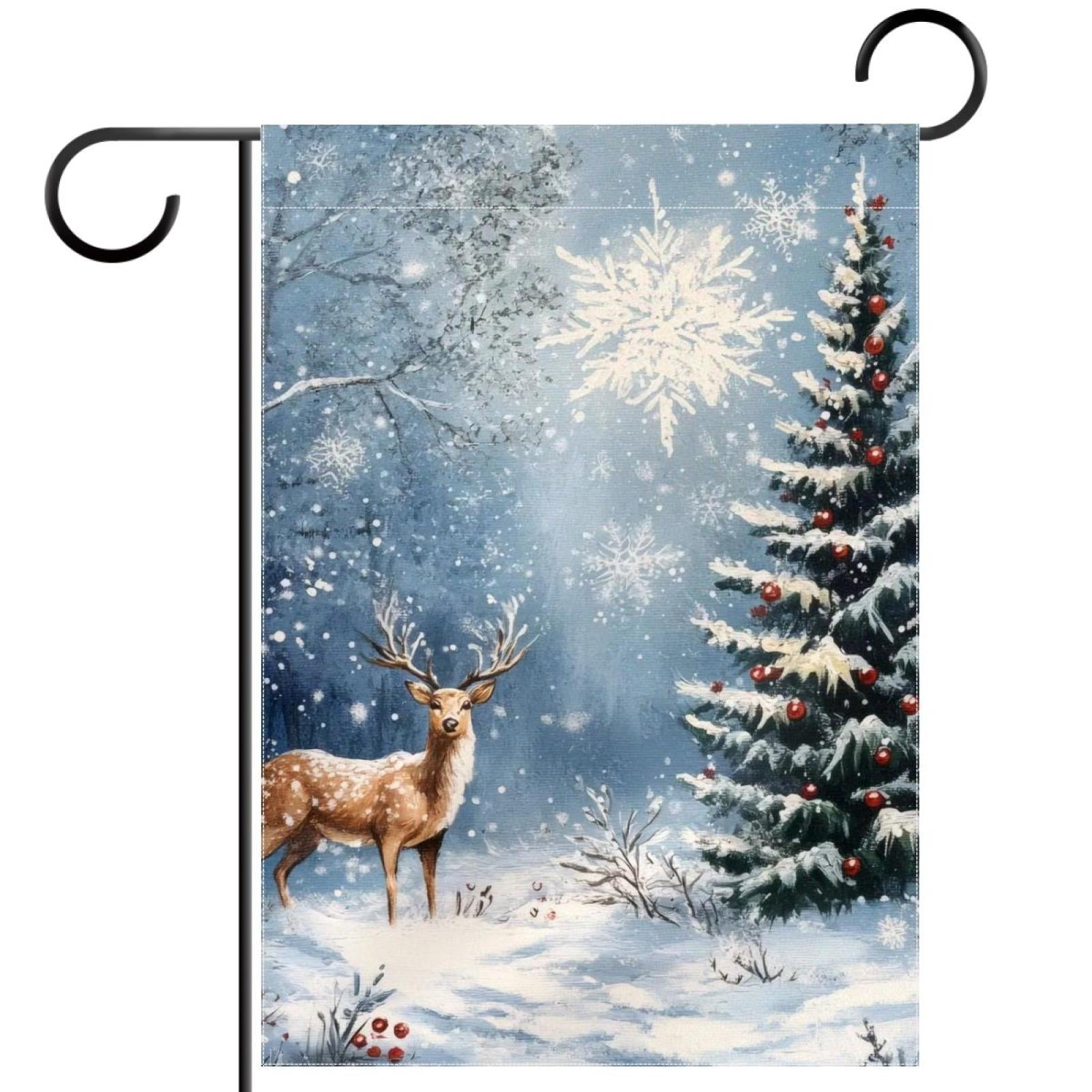 Winter Snow Forest Christmas Pine Tree Deer Snowflake Welcome Garden ...