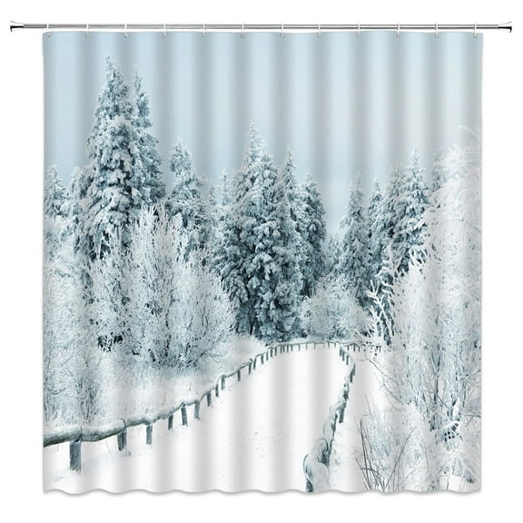 Winter Snow Forest Landscape Nature Shower Curtain Bathroom Home Decor Waterproof Fabric With 12 Bathtub Curtain and Mat