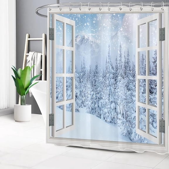 Winter Snow Forest Shower Curtain White Snowflake In Pine Tree Outside Window Shower Curtain Christmas Landscape Bathroom Shower Curtain Decor With Hooks 54"W x 72"L