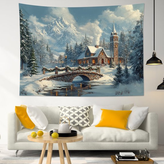 Winter Snow Forest Tapestry Wall Hanging Rustic Cabin and Pine Tree Mountain Wall Tapestry for Bedroom Aesthetic Christmas Snowy Tapestry for Living Room College Dorm Decor,59x51 inch