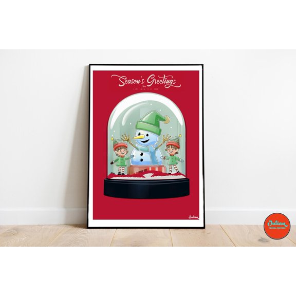 Winter Snow Globe Print, Snowman & Elves Art Print Home Decor #1068, 8x12 UNFRAMED