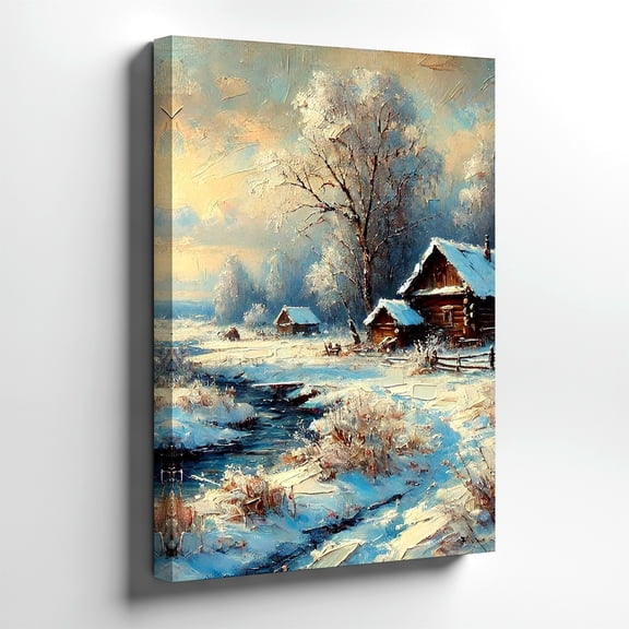 Winter Snow Landscape Cabin Rustic Farmhouse Stream Wall Art Print, Seasonal Living Room And Home Decor