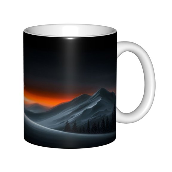 Winter Snow Mountain Pine Tree Sunset Landscape Ceramic Coffee Mug, Dark Moody Wilderness Nature Art Tea Mug