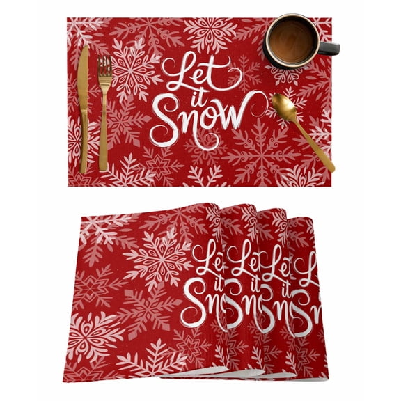 Winter Snow Placemats Set of 2 Christmas Snowflakes Red Vintage Decoration Heat Insulation Washable Place Mats, Rustic Non-Slip Table Mats for Dining Table Party Kitchen Decor,13x19 Inch