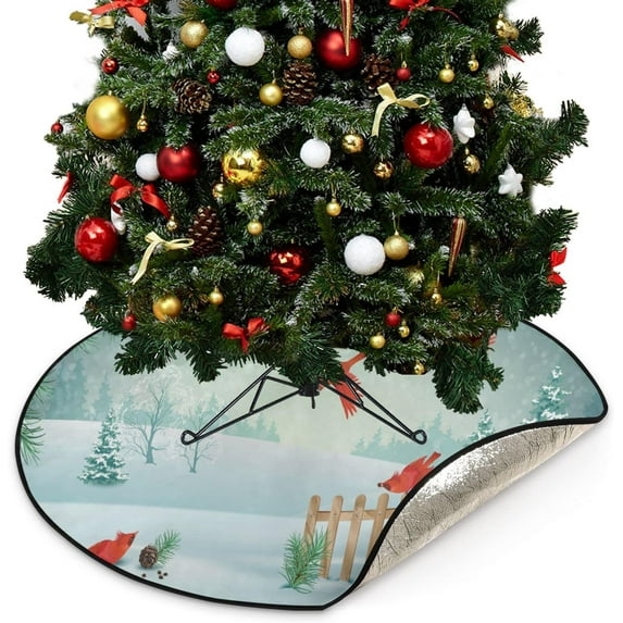 Winter Snow Red Birds Christmas Tree Mats Waterproof Tree Skirt, Xmas Tree Stand Tray Mat Floor Protector Pad for Holiday Party Decoration, 28.3"