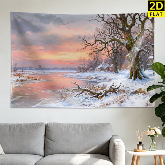 Winter Snow River Sunset Landscape Wall tapestry, Large size Printed Horizontal Tapestry blanket, Polyester Fabric Wall Hanging for living room, bedroom, Gift for Family and Friends
