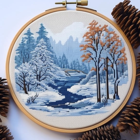 Winter Snow River Tree Scenery Stamped Cross Stitch Kits for Beginners Easy with Hoop 11CT Needlepoint Embroidery DIY Counted Cross Stitch Kits Art Craft Wall Decor 35x35cm(3)