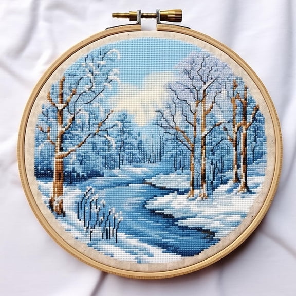 Winter Snow River Tree Scenery Stamped Cross Stitch Kits for Beginners Easy with Hoop 11CT Needlepoint Embroidery DIY Counted Cross Stitch Kits Art Craft Wall Decor 35x35cm(1)