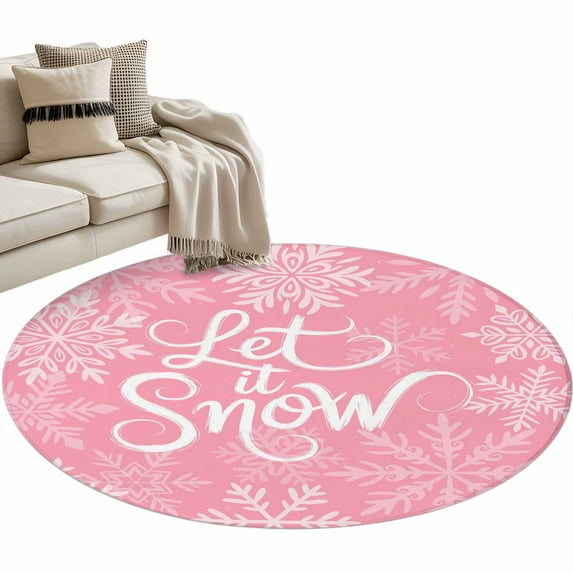 Winter Snow Round Area&nbsp;Rug 3ft Christmas Snowflakes Pink Vintage Decoration Non-Slip&nbsp;Washable Circle Rugs Soft Felt Indoor Floor Mat for Bedroom Kitchen Living Room Bathroom