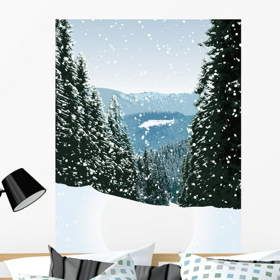 Winter Snow Scene Illustration Wall Mural by Wallmonkeys Peel and Stick Graphic (36 in H x 35 in W) WM63324