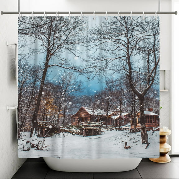 Winter Snow Scene Shower Curtain,Farmhouse Cabin in Forest Waterproof Fabric Bath Curtain with Hooks,72"x72"
