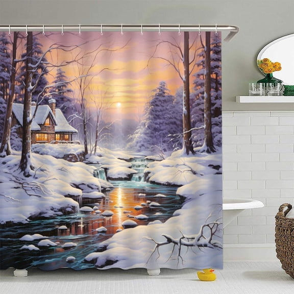 Winter Snow Scene Shower Curtain, Rustic Cabin Forest, Christmas Snowy Stream, Farmhouse Country Nature Decor 36"W x 72"H